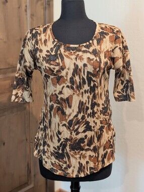 A.U.W. Fabulous Animal Print Metallic Gold Knit Shirt Sleeve Top Size S